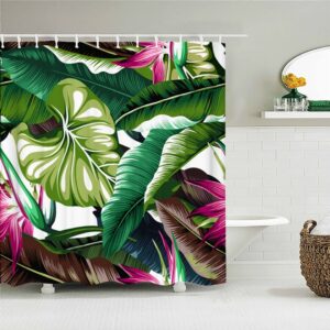 Green Banana Leaves Shower Curtain, Botanical Tropical Pink Flower Forest, Fabric Bath Curtain