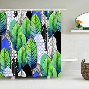 Green Blue Leaves Shower Curtain, Botanical Tropical Geometric Graphic, Fabric Bath Curtain