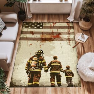 Heartwarming Dad Firefighter and Son Theme Personalized Rug: Pay Tribute to Family and Service, Firefighter Rugs for Living Room Bedroom, Firefighter Rectangular Rugs Full Size FR79