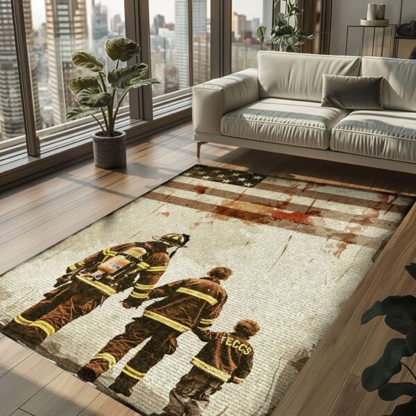 Heartwarming Dad Firefighter and Son Theme Personalized Rug: Pay Tribute to Family and Service, Firefighter Rugs for Living Room Bedroom, Firefighter Rectangular Rugs Full Size FR79
