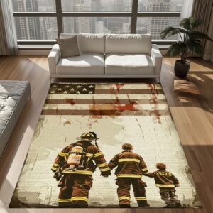 Heartwarming Dad Firefighter and Son Theme Personalized Rug: Pay Tribute to Family and Service, Firefighter Rugs for Living Room Bedroom, Firefighter Rectangular Rugs Full Size FR79