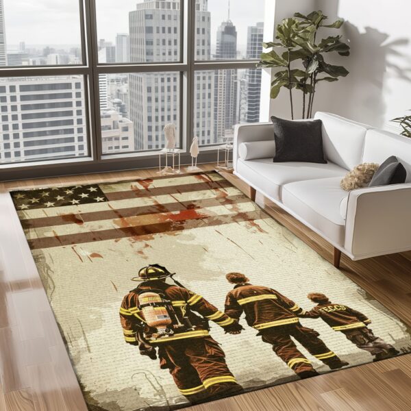 Heartwarming Dad Firefighter and Son Theme Personalized Rug: Pay Tribute to Family and Service, Firefighter Rugs for Living Room Bedroom, Firefighter Rectangular Rugs Full Size FR79