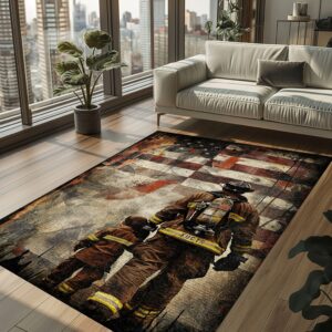 Heroic Bond: Dad Fire Fighter and Son Firefighter Personalized Area Carpets, Firefighter Rugs for Living Room Bedroom, Firefighter Rectangular Rugs Full Size FR90
