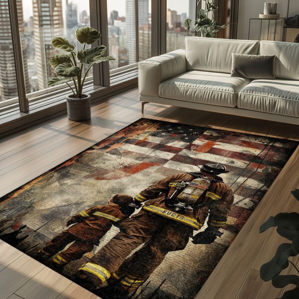 Heroic Bond: Dad Fire Fighter and Son Firefighter Personalized Area Carpets, Firefighter Rugs for Living Room Bedroom, Firefighter Rectangular Rugs Full Size FR90