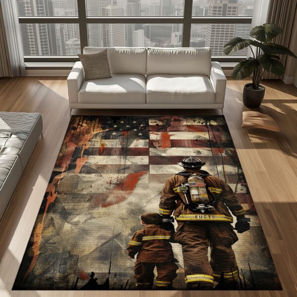 Heroic Bond: Dad Fire Fighter and Son Firefighter Personalized Area Carpets, Firefighter Rugs for Living Room Bedroom, Firefighter Rectangular Rugs Full Size FR90