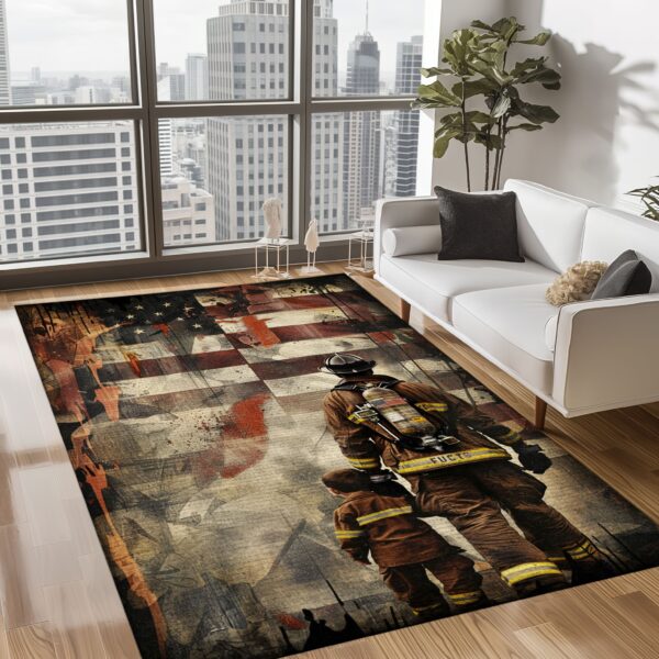 Heroic Bond: Dad Fire Fighter and Son Firefighter Personalized Area Carpets, Firefighter Rugs for Living Room Bedroom, Firefighter Rectangular Rugs Full Size FR90