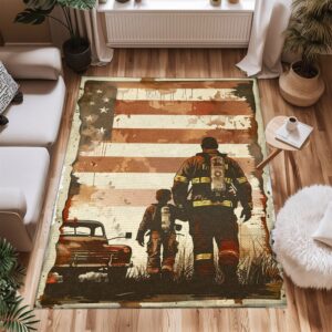 Heroic Dad Firefighter and Son Custom Carpet: Celebrate Family and Sacrifice, Firefighter Rugs for Living Room Bedroom, Firefighter Rectangular Rugs Full Size FR75