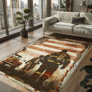 Heroic Dad Firefighter and Son Custom Carpet: Celebrate Family and Sacrifice, Firefighter Rugs for Living Room Bedroom, Firefighter Rectangular Rugs Full Size FR75