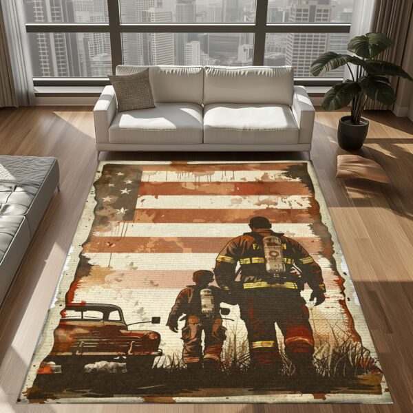 Heroic Dad Firefighter and Son Custom Carpet: Celebrate Family and Sacrifice, Firefighter Rugs for Living Room Bedroom, Firefighter Rectangular Rugs Full Size FR75