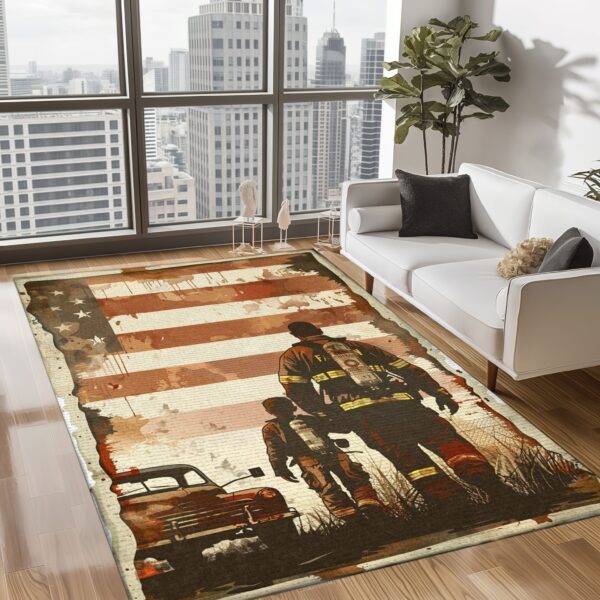 Heroic Dad Firefighter and Son Custom Carpet: Celebrate Family and Sacrifice, Firefighter Rugs for Living Room Bedroom, Firefighter Rectangular Rugs Full Size FR75
