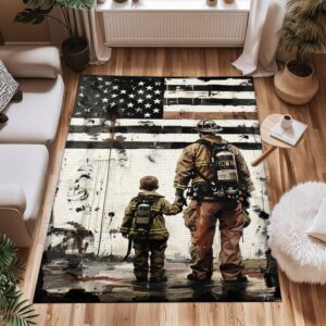 Home Heroes: Dad Fire Fighter and Son Firefighter Personalized Floor Coverings, Firefighter Rugs for Living Room Bedroom, Firefighter Rectangular Rugs Full Size FR97