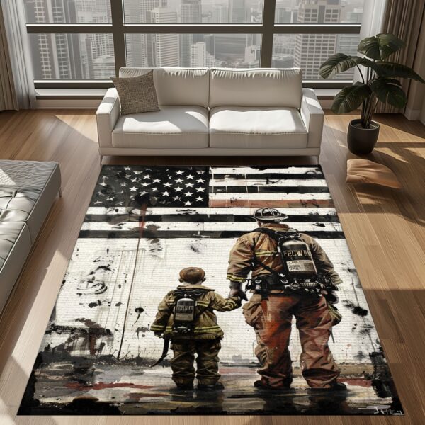 Home Heroes: Dad Fire Fighter and Son Firefighter Personalized Floor Coverings, Firefighter Rugs for Living Room Bedroom, Firefighter Rectangular Rugs Full Size FR97