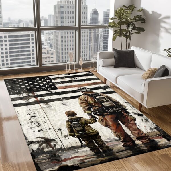 Home Heroes: Dad Fire Fighter and Son Firefighter Personalized Floor Coverings, Firefighter Rugs for Living Room Bedroom, Firefighter Rectangular Rugs Full Size FR97