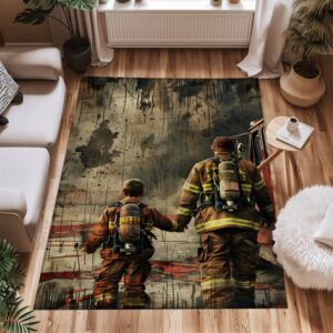Home Tribute: Dad Fire Fighter and Son Firefighter Patterned Personalized Rugs, Firefighter Rugs for Living Room Bedroom, Firefighter Rectangular Rugs Full Size FR88