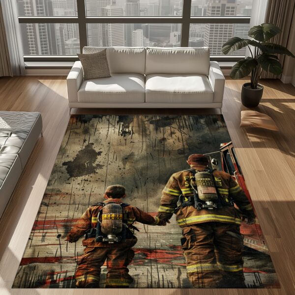 Home Tribute: Dad Fire Fighter and Son Firefighter Patterned Personalized Rugs, Firefighter Rugs for Living Room Bedroom, Firefighter Rectangular Rugs Full Size FR88