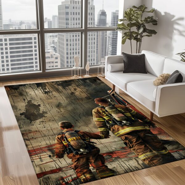 Home Tribute: Dad Fire Fighter and Son Firefighter Patterned Personalized Rugs, Firefighter Rugs for Living Room Bedroom, Firefighter Rectangular Rugs Full Size FR88