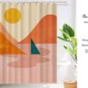 Landscape Sun And Boat Boho Shower Curtain, Minimalist Modern Curtain, Pink Sun And Sea Mountain Boho Home Decor