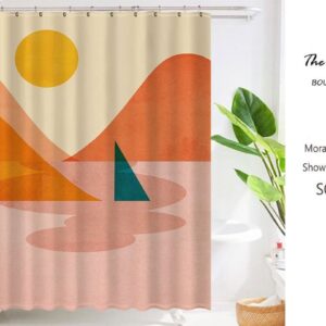 Landscape Sun And Boat Boho Shower Curtain, Minimalist Modern Curtain, Pink Sun And Sea Mountain Boho Home Decor