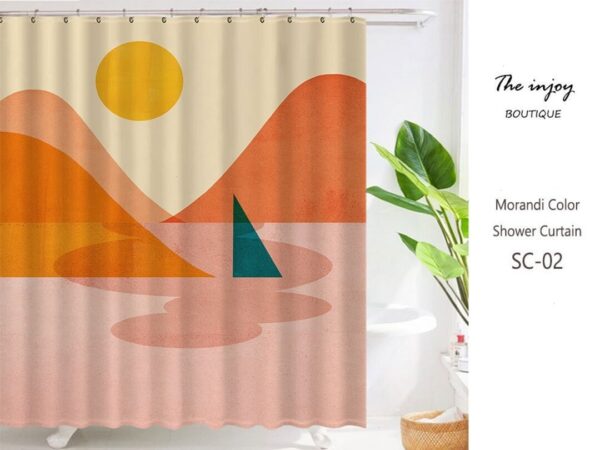 Landscape Sun And Boat Boho Shower Curtain, Minimalist Modern Curtain, Pink Sun And Sea Mountain Boho Home Decor