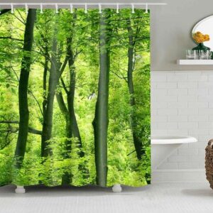 Lust Green Forest Shower Curtain, Outdoor Landscape Rain Forest Trees, Linen Bathroom Curtain, Home Bath Decor