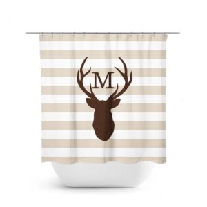 Monogram Shower Curtain, Deer Head Antler Bathtub Curtain, Woodland Bathroom, Brown Bathroom Decor, Brown Stripe Boy Bathroom