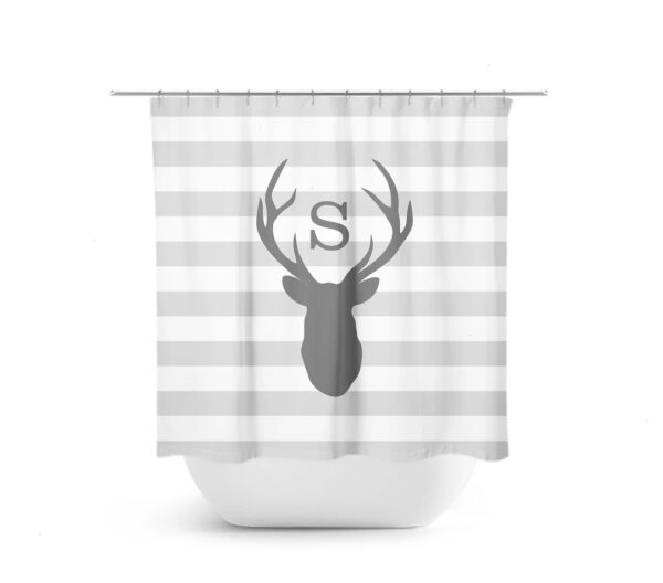 Monogram Shower Curtain, Deer Head Antler Bathtub Curtain, Woodland Bathroom, Gray Bathroom Decor, Gray Stripe Boy Bathroom