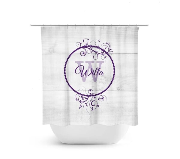 Monogram Shower Curtain, Farmhouse Bathroom Decor, Personalized Bath Curtain, White And Purple Bathroom, Girls Bathroom