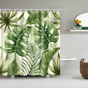 Monstera Green Palm Leaves Shower Curtain, Botanical Tropical Rain Forest Plant Fabric Bathroom Curtain, Bath Curtain