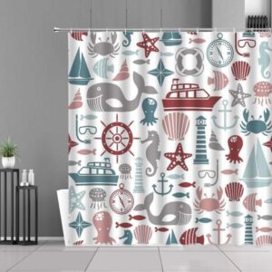 Ocean Marine Life Shower Curtain, Underwater World Whale Seahorse Lighthouse Ship Nautical Bathroom Curtain