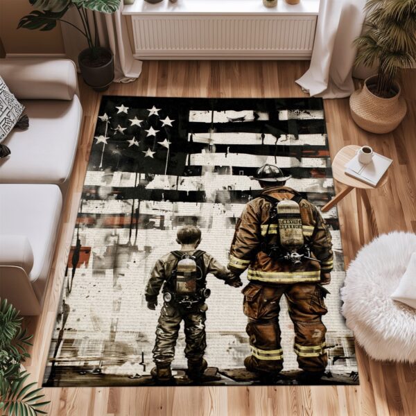 Patriotic Dad Firefighter and Son Custom Rectangular Rug: Showcase Dedication to Country, Firefighter Rugs for Living Room Bedroom, Firefighter Rectangular Rugs Full Size FR73