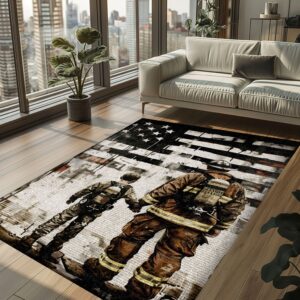 Patriotic Dad Firefighter and Son Custom Rectangular Rug: Showcase Dedication to Country, Firefighter Rugs for Living Room Bedroom, Firefighter Rectangular Rugs Full Size FR73