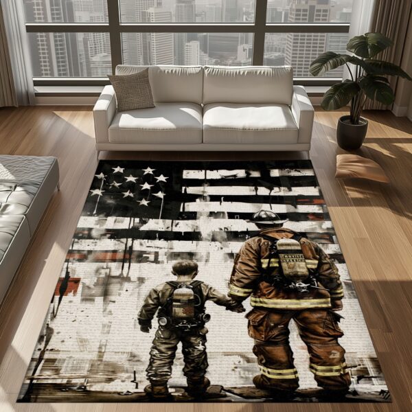 Patriotic Dad Firefighter and Son Custom Rectangular Rug: Showcase Dedication to Country, Firefighter Rugs for Living Room Bedroom, Firefighter Rectangular Rugs Full Size FR73