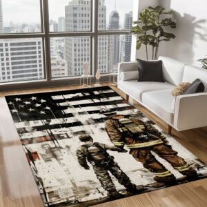 Patriotic Dad Firefighter and Son Custom Rectangular Rug: Showcase Dedication to Country, Firefighter Rugs for Living Room Bedroom, Firefighter Rectangular Rugs Full Size FR73
