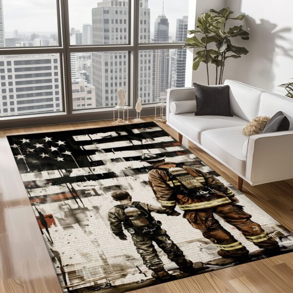 Patriotic Dad Firefighter and Son Custom Rectangular Rug: Showcase Dedication to Country, Firefighter Rugs for Living Room Bedroom, Firefighter Rectangular Rugs Full Size FR73