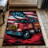 Patriotic Fire Truck in Front of the USA Flag Custom Rug: Pay Tribute to American Bravery, Firefighter Rugs for Living Room Bedroom, Firefighter Rectangular Rugs Full Size FR55