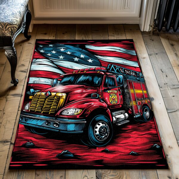 Patriotic Fire Truck in Front of the USA Flag Custom Rug: Pay Tribute to American Bravery, Firefighter Rugs for Living Room Bedroom, Firefighter Rectangular Rugs Full Size FR55