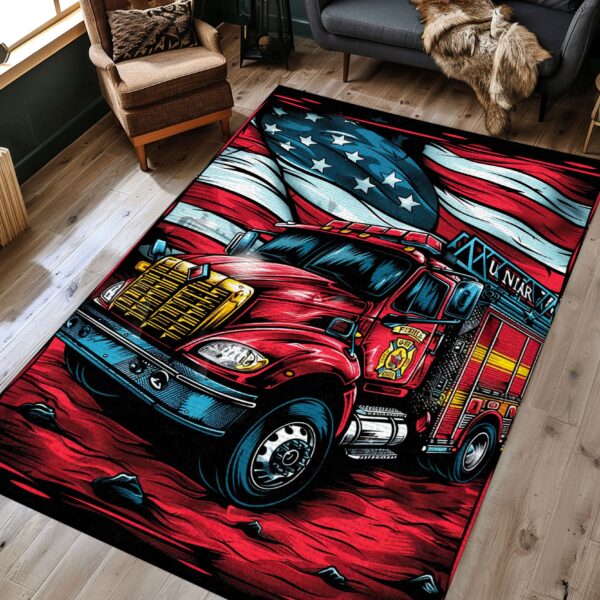 Patriotic Fire Truck in Front of the USA Flag Custom Rug: Pay Tribute to American Bravery, Firefighter Rugs for Living Room Bedroom, Firefighter Rectangular Rugs Full Size FR55