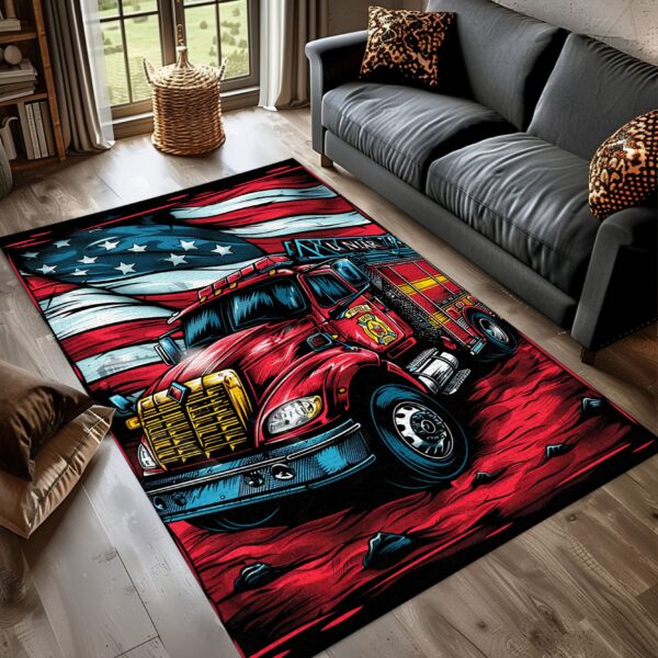 Patriotic Fire Truck in Front of the USA Flag Custom Rug: Pay Tribute to American Bravery, Firefighter Rugs for Living Room Bedroom, Firefighter Rectangular Rugs Full Size FR55