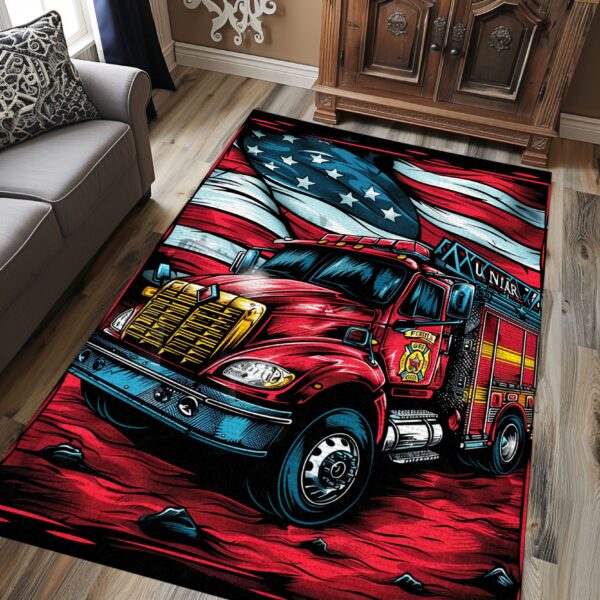 Patriotic Fire Truck in Front of the USA Flag Custom Rug: Pay Tribute to American Bravery, Firefighter Rugs for Living Room Bedroom, Firefighter Rectangular Rugs Full Size FR55