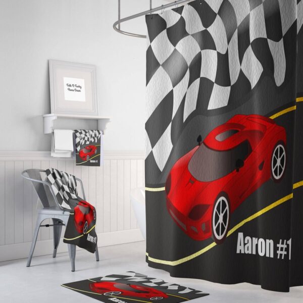 Personalized Race Car Shower Curtain for Bathroom Decor, Home Decor