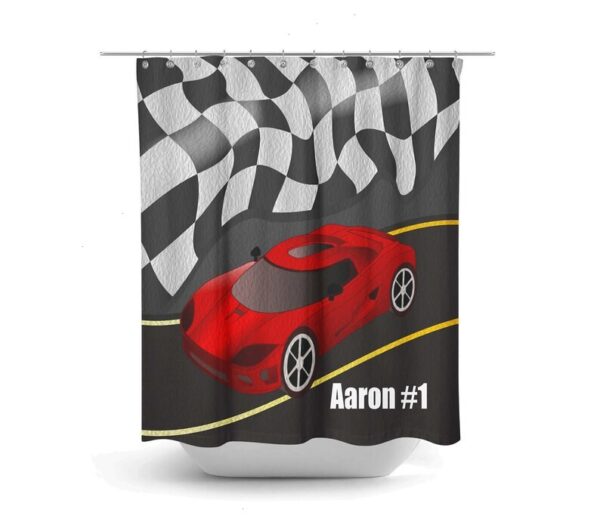 Personalized Race Car Shower Curtain for Bathroom Decor, Home Decor