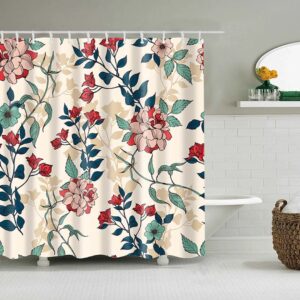 Pink Red Floral Leaves Shower Curtain, Flowers Chrysanthemum Peony Dahlia Fabric Bathroom Curtain, Bath Curtain