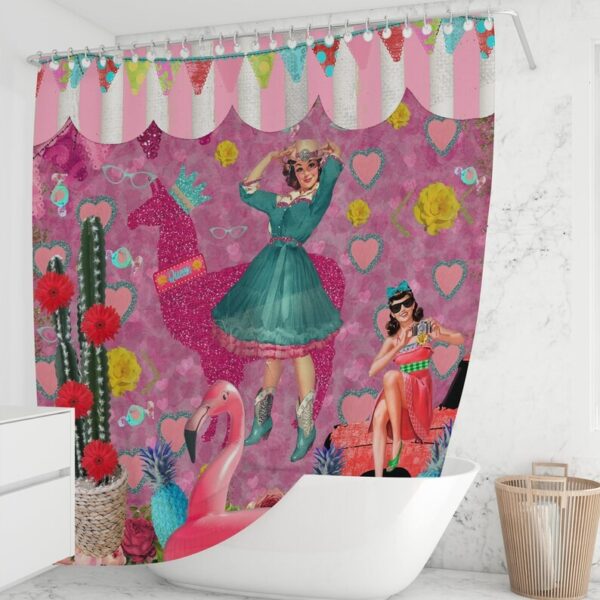 Pink Retro Theme Shower Curtain for Bathroom Decor, Home Decor