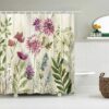 Purple Floral Watercolor Shower Curtain, Minimalist Flowers Dandelion Chrysanthemum Fabric Curtain