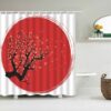 Red Moon And Japanese Cherry Blossom Shower Curtain, Classic Japan Flowers Circle Themed Curtain