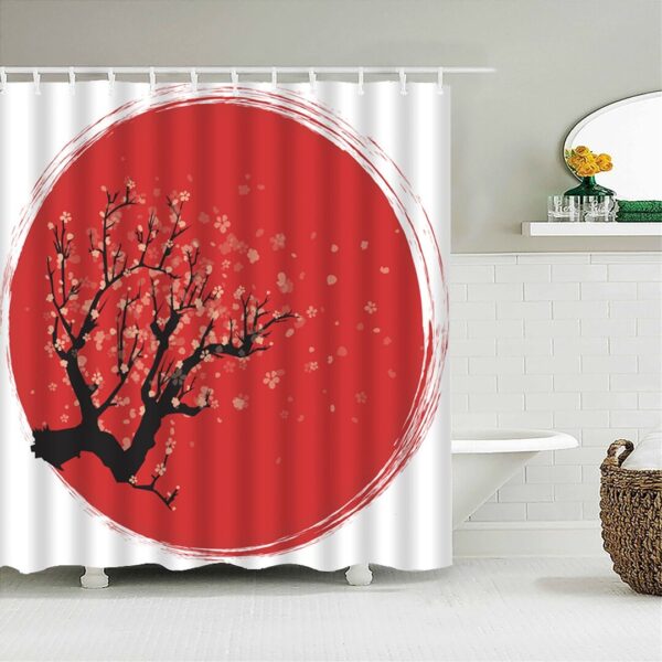 Red Moon And Japanese Cherry Blossom Shower Curtain, Classic Japan Flowers Circle Themed Curtain