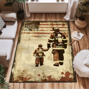 Resilient Spirit: Dad Fire Fighter and Son Firefighter Rectangular Personalized Carpets, Firefighter Rugs for Living Room Bedroom, Firefighter Rectangular Rugs Full Size FR93
