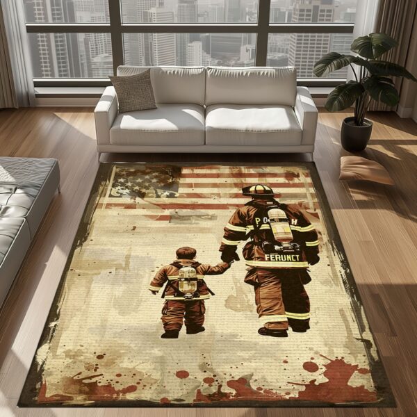 Resilient Spirit: Dad Fire Fighter and Son Firefighter Rectangular Personalized Carpets, Firefighter Rugs for Living Room Bedroom, Firefighter Rectangular Rugs Full Size FR93