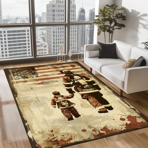 Resilient Spirit: Dad Fire Fighter and Son Firefighter Rectangular Personalized Carpets, Firefighter Rugs for Living Room Bedroom, Firefighter Rectangular Rugs Full Size FR93