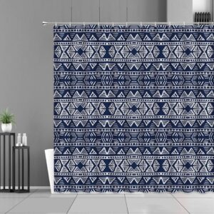 Retro Blue Shower Curtain, Mid-Century Boho Mandala Geometry Fabric Bathroom Curtain Accessories